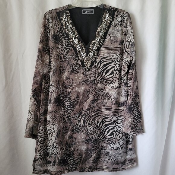 Zashi Fancy Blouse Size Large embellished beaded Lined animal print long - Picture 1 of 14